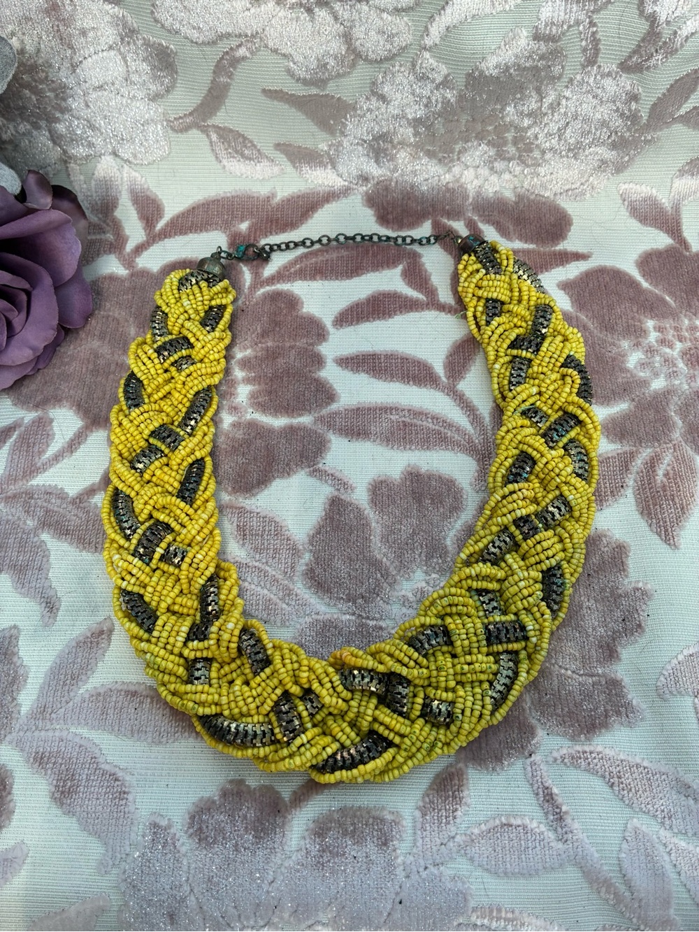 Beaded Braided Statement Necklace - Yellow